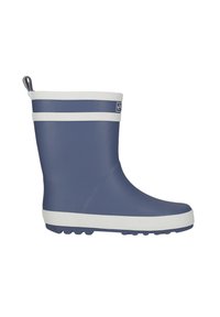 Botte de pluie en caoutchouc bleu avec des rayures blanches, bout arrondi et semelle texturée. Elle possède une languette à l'arrière pour un enfilage facile.