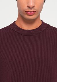 Pull en maille côtelée bordeaux avec un col rond, tissu texturé et silhouette ajustée. Pas de marque visible ni de détails supplémentaires.