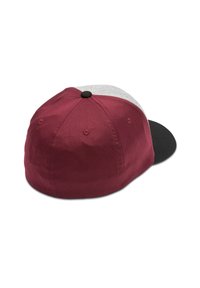 Adjustable baseball cap featuring a maroon fabric body, gray front, black visor, and a textured finish with a rear black button accent.