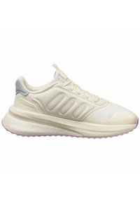White athletic shoe with a mesh upper and smooth accents; features a cushioned sole and pastel pink detailing on the outsole.