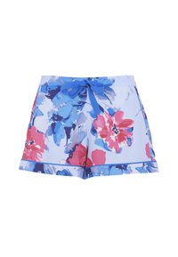 Bloemenshorts in lichtblauw versierd met grote roze en blauwe bloemen, met een strik taille en contrasterende randen. Zacht, lichtgewicht materiaal.
