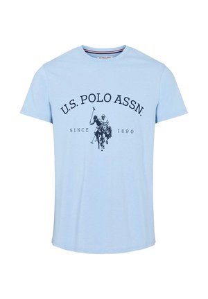 Lichtblauw katoenen t-shirt met een marineblauwe print van twee polo-spelers en "U.S. POLO ASSN. SINCE 1890" in een boogontwerp. Korte mouwen.