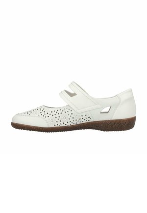 White leather shoes with floral perforations, two adjustable straps, textured brown rubber sole, and a rounded toe design.