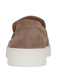 Light brown suede slip-on shoes with a rounded toe, white rubber sole, and simple stitching details on the upper.