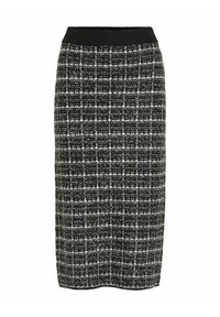 Jupe crayon à carreaux noir et blanc en tissu texturé. Elle possède une taille élastique noire et une coupe longueur genoux.