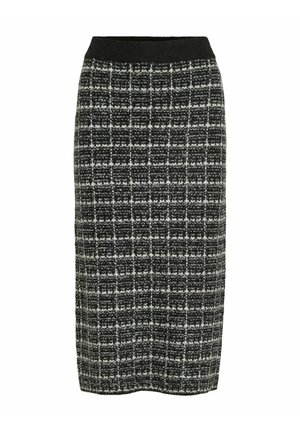 Black and white checked pencil skirt with a textured fabric. Features a black elastic waistband and knee-length design.