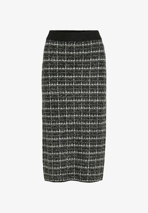 Falda de lápiz de cuadros en blanco y negro con una tela texturizada. Presenta una cinturilla elástica negra y un diseño hasta la rodilla.