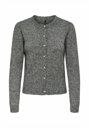 Cardigan en tricot gris avec un col rond, des manches longues et cinq boutons décoratifs sur le devant. Texture douce et coupe ajustée.