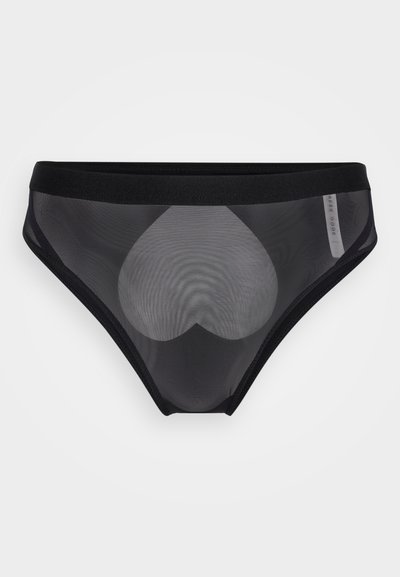 Culotte noire transparente avec un design en forme de cœur, tissu doux et taille élastique lisse. Pas de matériel ou de motifs visibles.