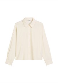 Κρεμ μπλούζα με μακρύ μανίκι, κουμπιά και κλασσικό γιακά, φτιαγμένη από απαλό ύφασμα, με χαλαρή, cropped εφαρμογή.