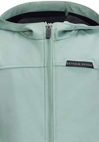 Lichtgroene hoodie met rits van gladde stof. Voorzien van een capuchon en een zwart merklabel op de borst. De rits heeft zilverkleurige accenten.