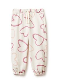 Pohodlné pyžamové kalhoty z měkké látky, s krémovým pozadím a vzorem růžových srdíček, elastickým pasem a nařasenými manžetami.