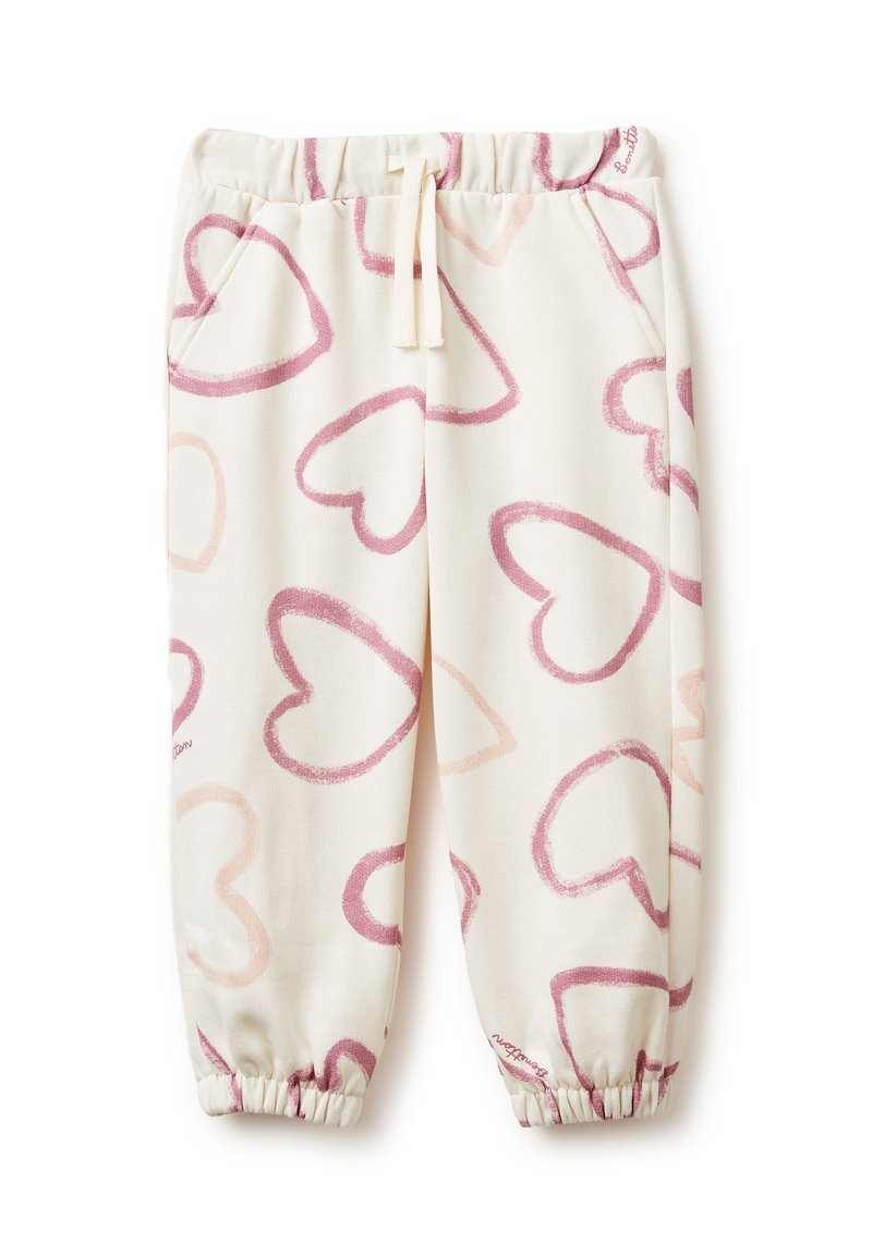 Pohodlné pyžamové kalhoty z měkké látky, s krémovým pozadím a vzorem růžových srdíček, elastickým pasem a nařasenými manžetami.
