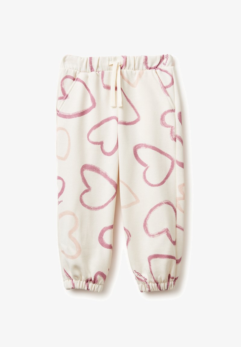 Pohodlné pyžamové kalhoty z měkké látky, s krémovým pozadím a vzorem růžových srdíček, elastickým pasem a nařasenými manžetami.
