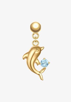 Gold dolphin charm earring with a light blue gemstone in its flipper; polished finish, rounded top, and linked assembly.