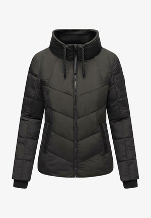 Svart vadderad jacka med hög krage, med dragkedjestängning, chevron-quiltningsmönster, två sidofickor och ribbade ärmslut.