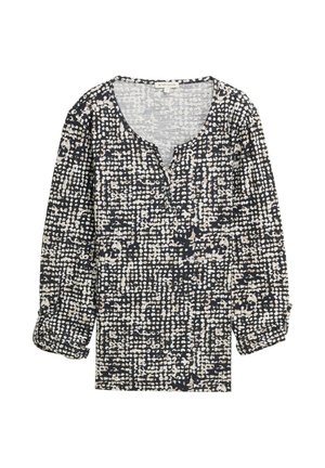 Blusa a maniche lunghe stampata con scollatura a V, motivi astratti blu navy e beige, tessuto testurizzato e chiusura a bottoni frontale.