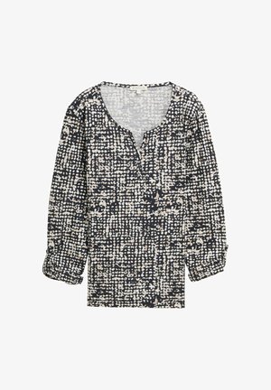 Trykt langærmet bluse med V-hals, marineblå og beige abstrakte mønstre, struktureret stof og knaplukning foran.