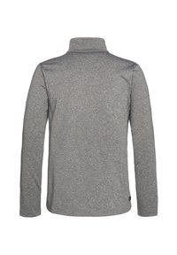 Pull gris à manches longues avec un col montant, vu de dos, en tissu doux et texturé.