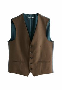 Braune Weste mit einer glatten Textur, ausgestattet mit fünf Knöpfen, zwei vorderen Taschen und einem dunkelblauen gemusterten Innenfutter. Leicht und tailliert geschnitten.