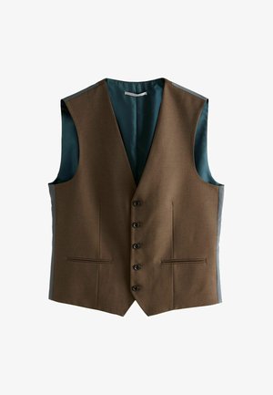 Brūns veste ar gludu tekstūru, kurai ir pieci pogas, divas priekšējās kabatas un tumši zaļš rakstains oderējums. Viegls un pielāgots piegriezums.