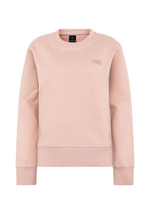 Lichtroze sweater gemaakt van zachte stof, met een geribde ronde hals, boorden en zoom, en een klein logopatch aan de voorkant.
