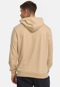 Beige katoenen hoodie met een ruime capuchon, geribde manchetten en zoom, een relaxte pasvorm en een gladde textuur, gezien vanaf de achterkant.