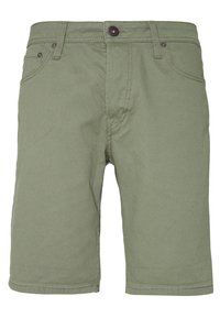 Pantalones cortos de algodón verde con un corte regular, cierre de cremallera y bolsillos frontales. Presenta detalles de botones en naranja y negro. Diseño limpio y sencillo.