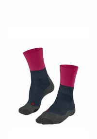 Chaussettes tricotées avec une bordure côtelée rose, un corps bleu foncé, et des sections renforcées grises au niveau de l'orteil et du talon. Présente un logo rouge sur le côté.