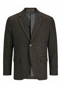 Blazer in tweed marrone scuro con rever a punta, due tasche frontali, chiusura a un bottone e fodera nera liscia.