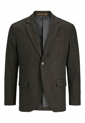 Tamsiai rudas žaketo audinys su iškirpte, dviem priekinėmis kišenėmis, vieno mygtuko uždarymu ir lygia juoda pamušalu.