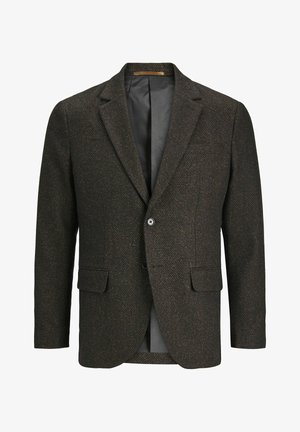 Tumepruun tweed bleiser, millel on nõlikupp, kaks esikotti, üks nööp sulgemiseks ja sile must vooder.