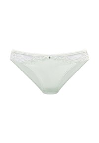 Lichtgroene onderbroek met een kantafwerking, golvende randen, een kleine strikaccent en een zilveren versiering aan de voorkant.