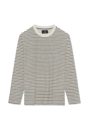 Långärmad skjorta med en krämfärgad bas och tunna marinblå ränder. Har en rund hals och en mjuk textur. Inga synliga logotyper eller utsmyckningar.