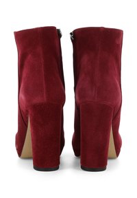 Bottines en daim bordeaux avec un talon haut et épais. Présentent une fermeture éclair à l'arrière et une doublure intérieure lisse.