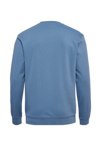 Effen blauwe longsleeve sweat met geribde boorden en zoom, getoond van achteren op een witte achtergrond.