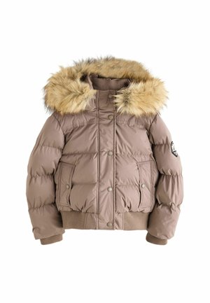Short brown padded winter jacket with fur-trimmed hood, front buttons, two pockets, and a patch on the left sleeve.