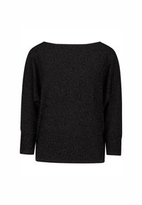 Schwarzes Oberteil mit langen Ärmeln, weitem Halsausschnitt und lockerer Passform. Der Stoff hat eine subtile Schimmertextur. Sauberes, minimalistisches Design.