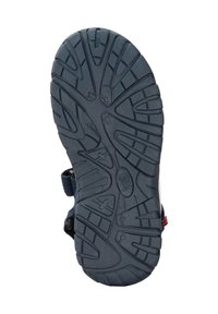 Blauer Gummisandalensohle mit strukturiertem Profil für besseren Halt, verstellbarem Riemen und verstärkten Kanten für zusätzliche Strapazierfähigkeit.