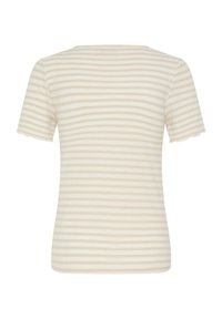 Chemise à manches courtes à rayures horizontales beige et blanche avec un ourlet festonné et un encolure ronde simple, vue de dos.