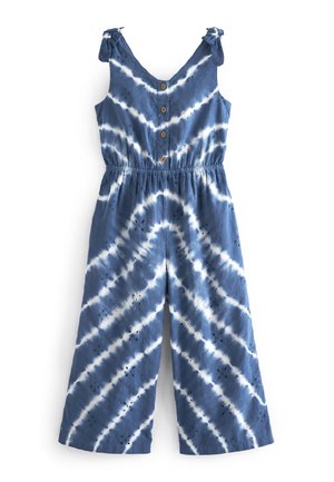 Niebiesko-biały kombinezon bez rękawów z efektem tie-dye, z guzikami z przodu, elastyczną talią, wiązaniami na ramionach i szerokimi, skróconymi nogawkami.