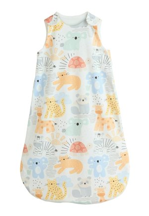 Sleeveless baby sleep sack with pastel animal prints including koalas, giraffes, zebras, bears, lions, and turtles on white background.