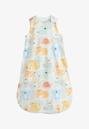 Ärmelloser Babyschlafsack mit pastellfarbenen Tiermotiven, darunter Koalas, Giraffen, Zebras, Bären, Löwen und Schildkröten auf weißem Hintergrund.