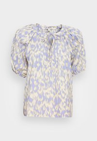 Blusa lilás clara com mangas bufantes, apresentando um decote com laço e um padrão abstrato amarelo em toda a peça. Tecido suave com um corte descontraído.