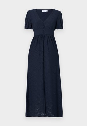 Navy blue maxi dress with short puff sleeves, V-neckline, textured fabric, and front button closure, featuring embroidered details throughout.
