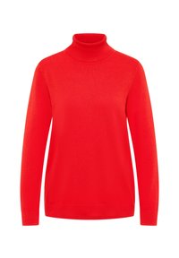 Pull rouge à col roulé en tissu tricoté. Il présente des manches longues et un col ajusté. Texture lisse avec un design épuré et minimaliste.