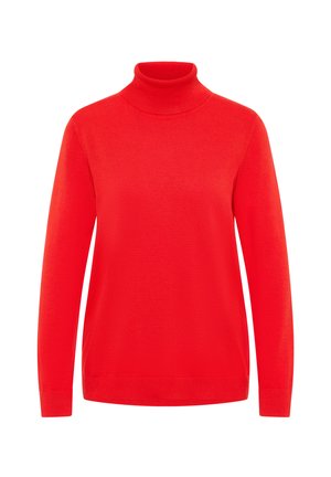 Rode coltrui gemaakt van gebreide stof. Heeft lange mouwen en een aansluitende hals. Gladde textuur met een strak, minimalistisch ontwerp.