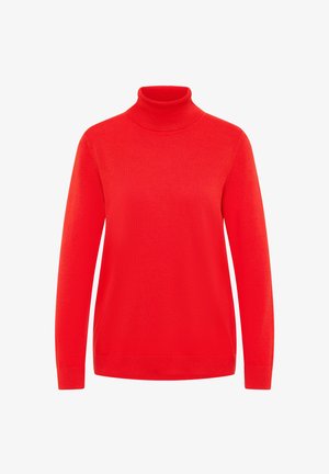 Czerwony golf wykonany z dzianiny. Posiada długie rękawy i dopasowany kołnierz. Gładka faktura z czystym, minimalistycznym wzorem.