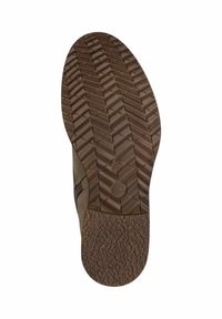 Semelle de chaussure marron avec motif de rainures diagonales et zone de talon texturée, affichant les indications de taille et le logo près du centre.