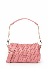 Geweven roze neplederen schoudertas met een gouden ketting en schouderriem, met een gladde oppervlakte en reliëflogo-detail.
